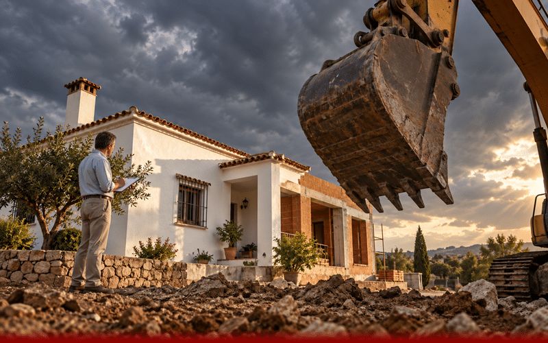 denunciado-por-obras-ilegales nspector tomando notas ante una vivienda con obras y una excavadora»