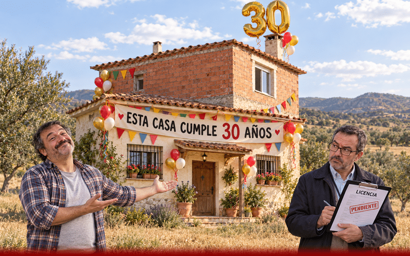 Casa de campo celebrando su 30.º aniversario, junto al propietario y un inspector con una carpeta de «Licencia pendiente».